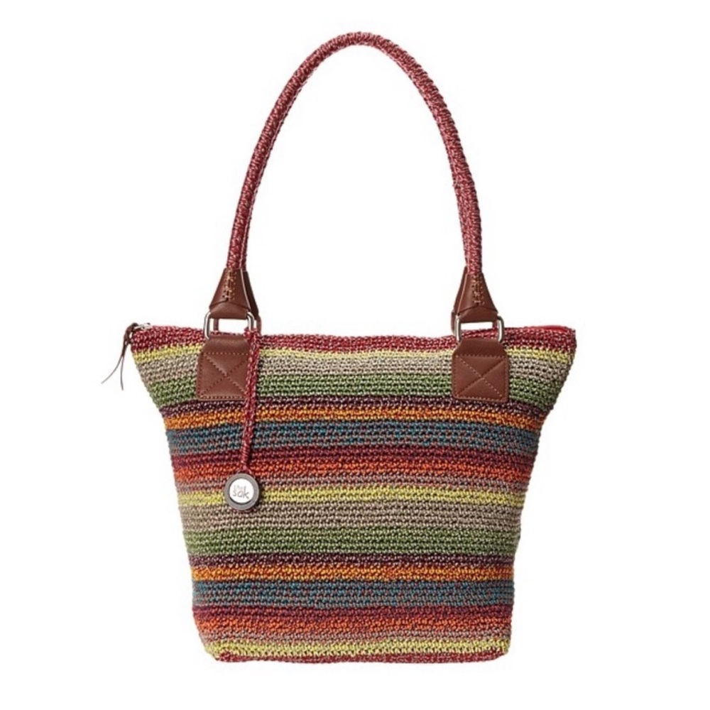 The Sak Multicolor Striped Crochet Hobo Bag with Brown Trim